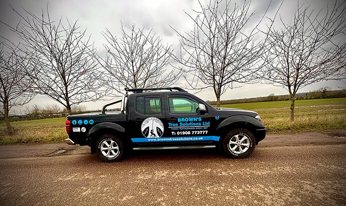 Browns Pick-up truck next to a line of trees